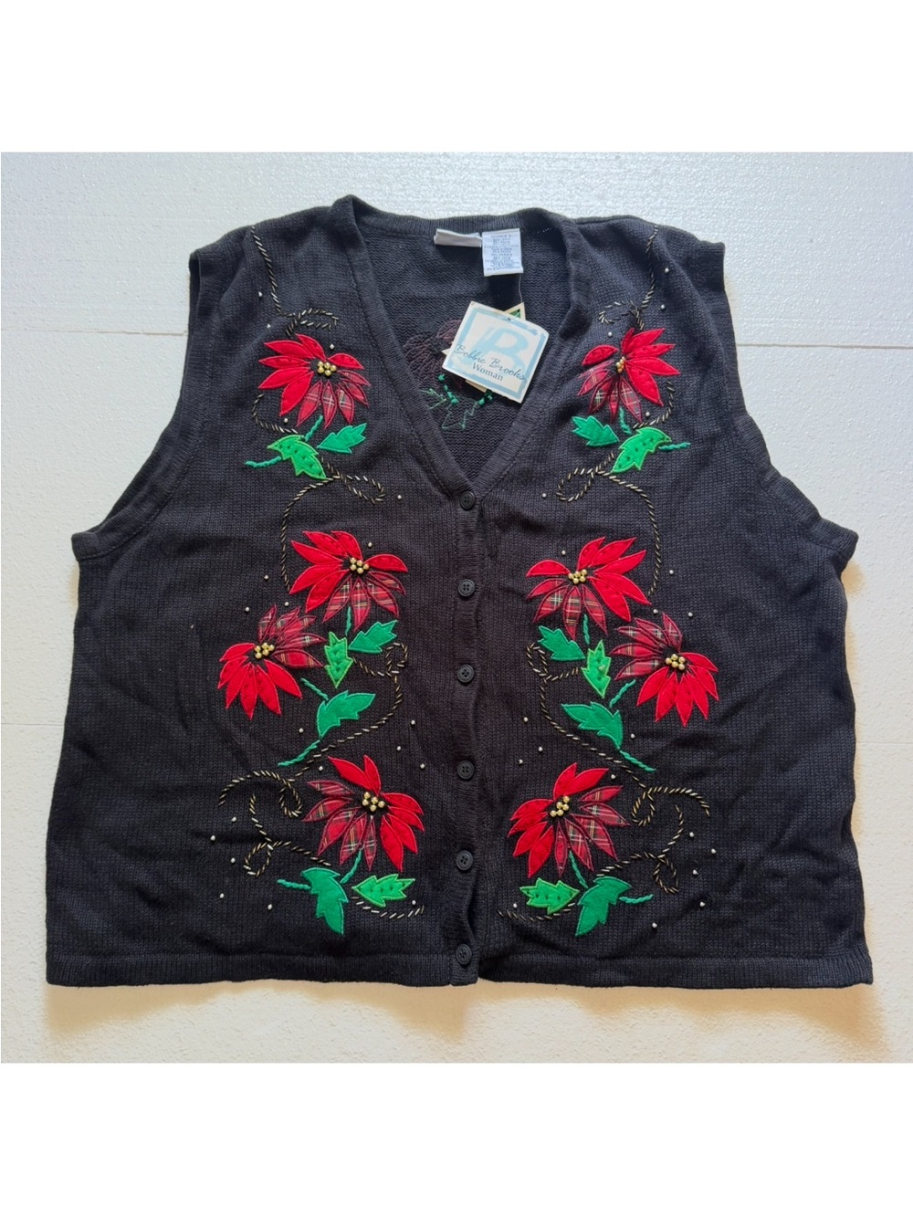 Vintage Bobbie Brooks Poinsettia Christmas Sweater Vest Women's 2X/3X